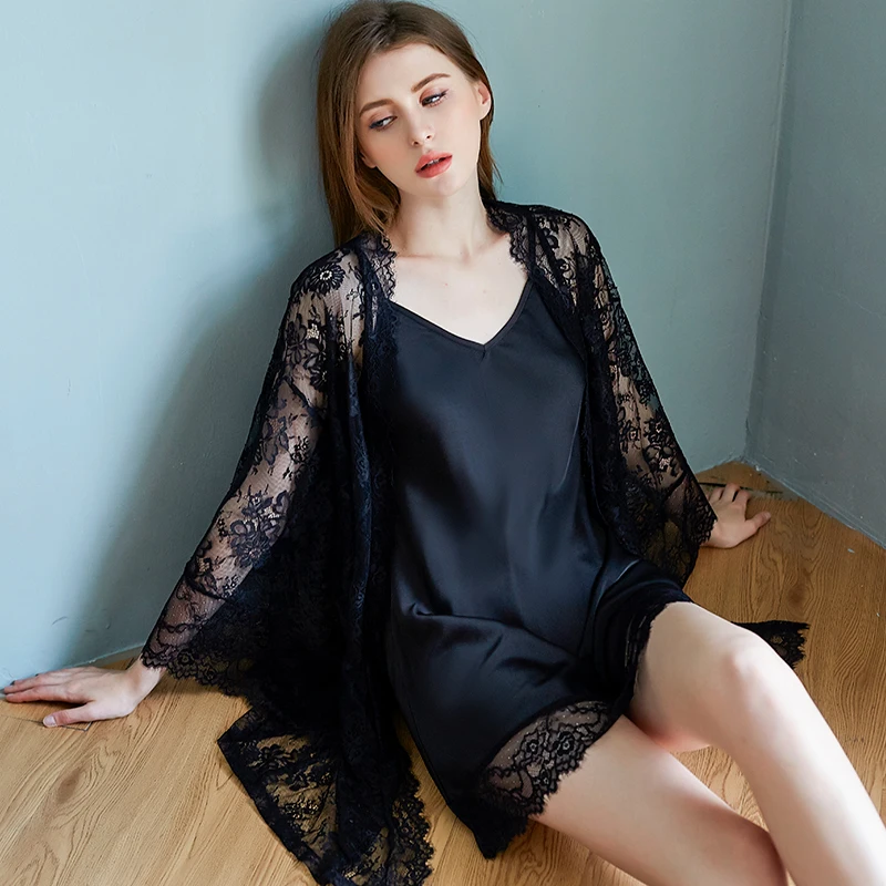 

Two Pieces Ice Silk Nightgown for Women Sexy Lace Nightgown Luxury Lace Night-robe and Strap Loose Pajamas Women Elegant Pajamas