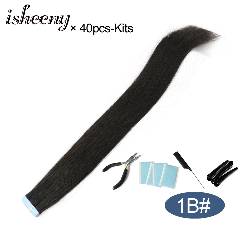 Isheeny 1" 18" 2" 22" 2" лента в Пряди человеческих волос для наращивания Прямой Реми на клей Невидимый PU выдвижение утка 14 цветов Выберите - Цвет: 1B-40pcs