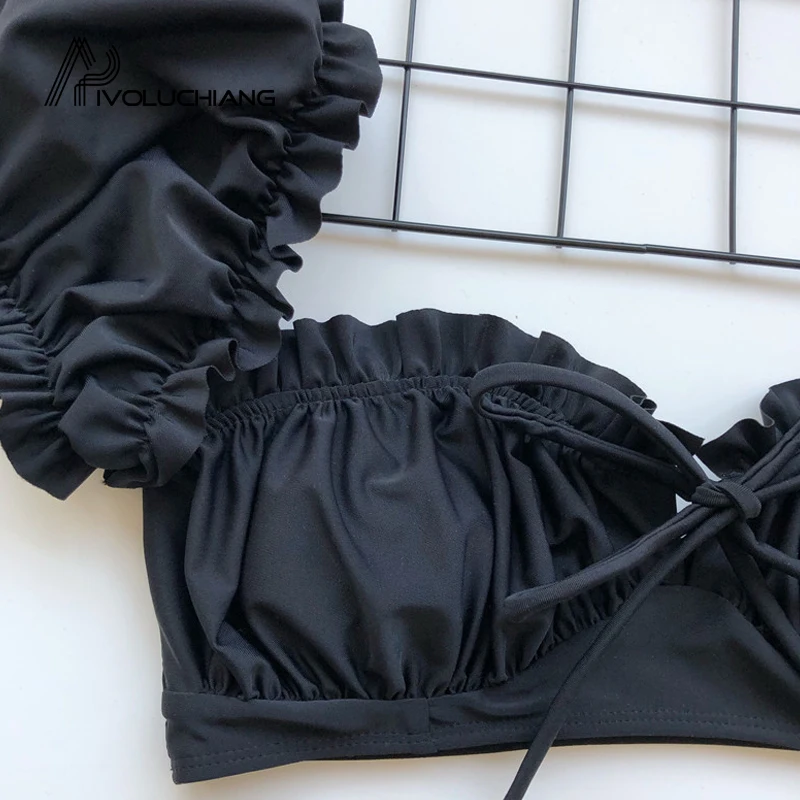 

Solid White Bikini Sets Sexy Bandage Ruffle Swimsuits Short Sleeves Push Up Bathers Lace Up Bathing Suit Brazilian Biquini 2019