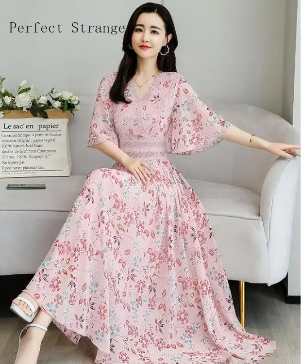 

High Quality Cute 2020 Summer New Arrival V Collar Flare Sleeve Flower Printed Lace Collect Waist Woman Chiffon Long Dress