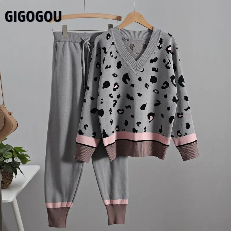 

GIGOGOU Spring Women Knitted Tracksuits 2 Piece Sets Women Costume V Neck Leopard Pullover Sweater + Knitted Pencil Pants Suits