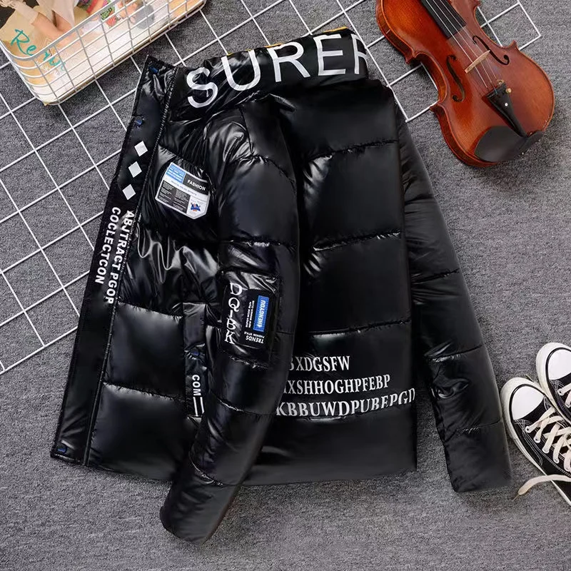 New Men'S Down Jacket Winter Trend Of Men'S Clothing Plus Velvet Thickened Bright Leather Men'S Jacket Imitation Silk Cotton