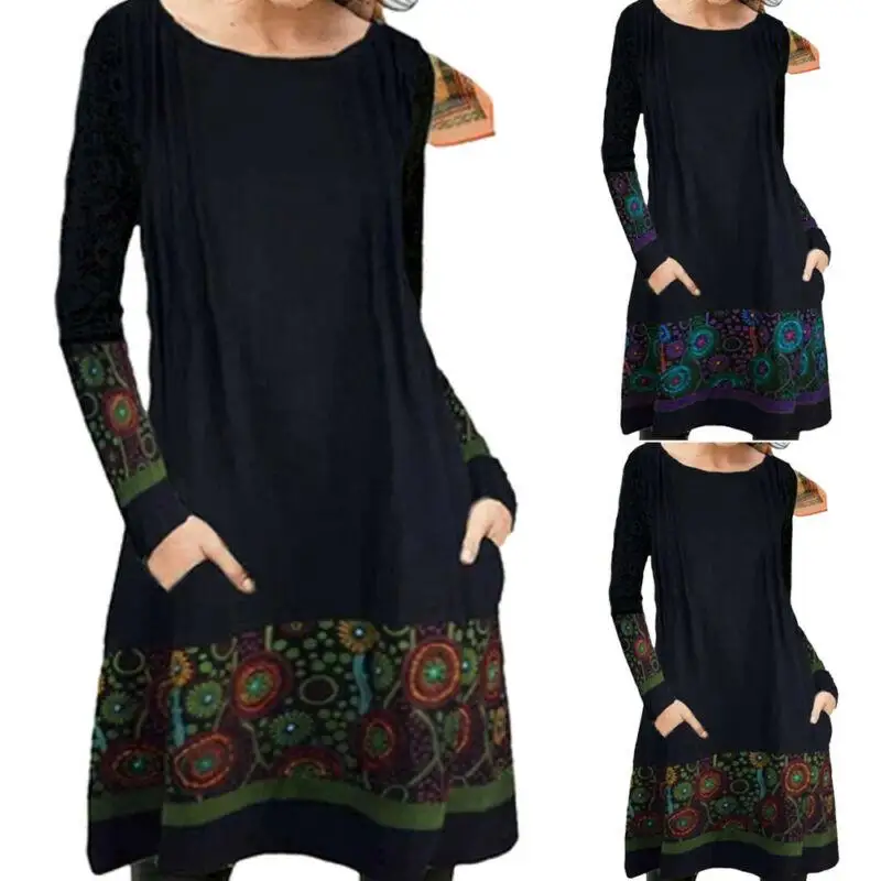 

Women Dress Long SleevePatchwork Dress Girls Spring Autumn Loose Dresses Female Crew Neck Casual Vestido De Mujer