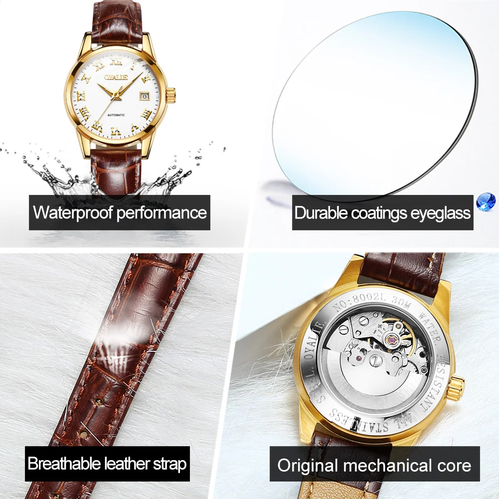 

OUYALI New Fashion Women Watch with Leather Date Automatic mechanical Japan Movement Dress Luxury Casual watches for women 8002