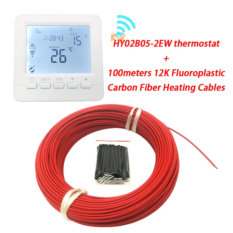 100m and HY02B05-2EW 100 м 12 к фторопласт с термостатом может быть отправлен из России Красный Инфракрасный углеродный волоконный теплый пол нагревательный кабель Minco Heat - Цвет: 100m and HY02B05-2EW