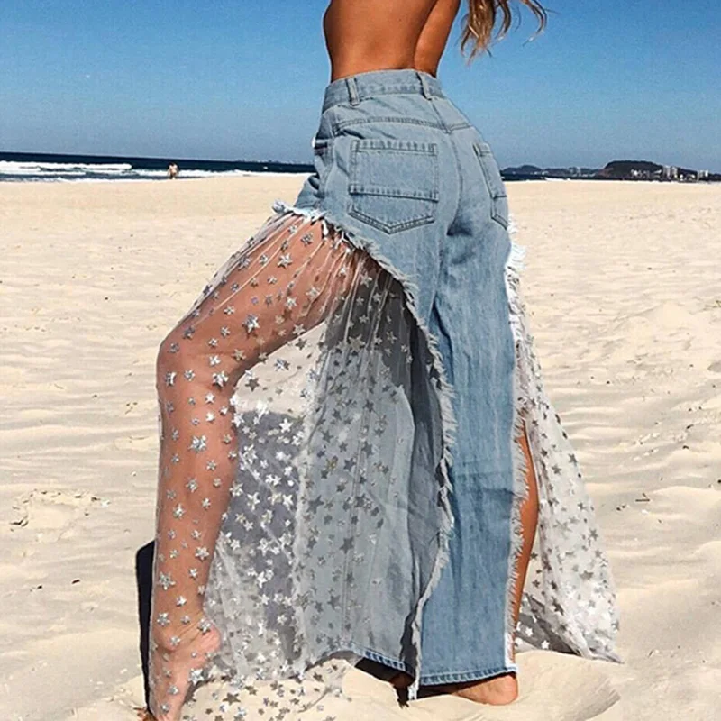 Сексуальные Женщины Широкие Штаны Ноги Sheer Mesh Star Print Splice Джинсовые Брюки Высокой Талией Случайные Свободные Брюки Джинсы Модные Брюки