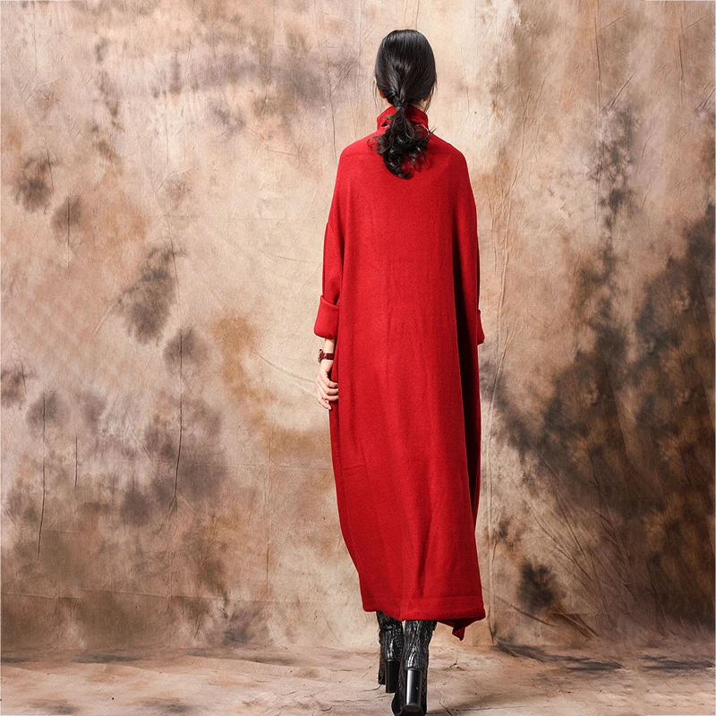 

[EWQ] Dress Women's Loose Solid Knitted Long Length Office Lady Batwing Sleeve Turtleneck 2020 Spring Autumn New Fashion GD248