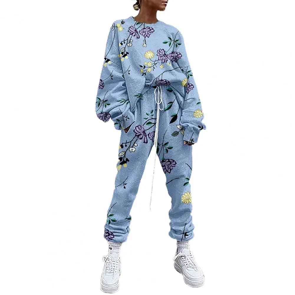 

New Sweatshirt Tops Long Pants Set Tie Dye Floral Print Women Round Neck Pullover Drawstring Pants for Sports Leisure Suit