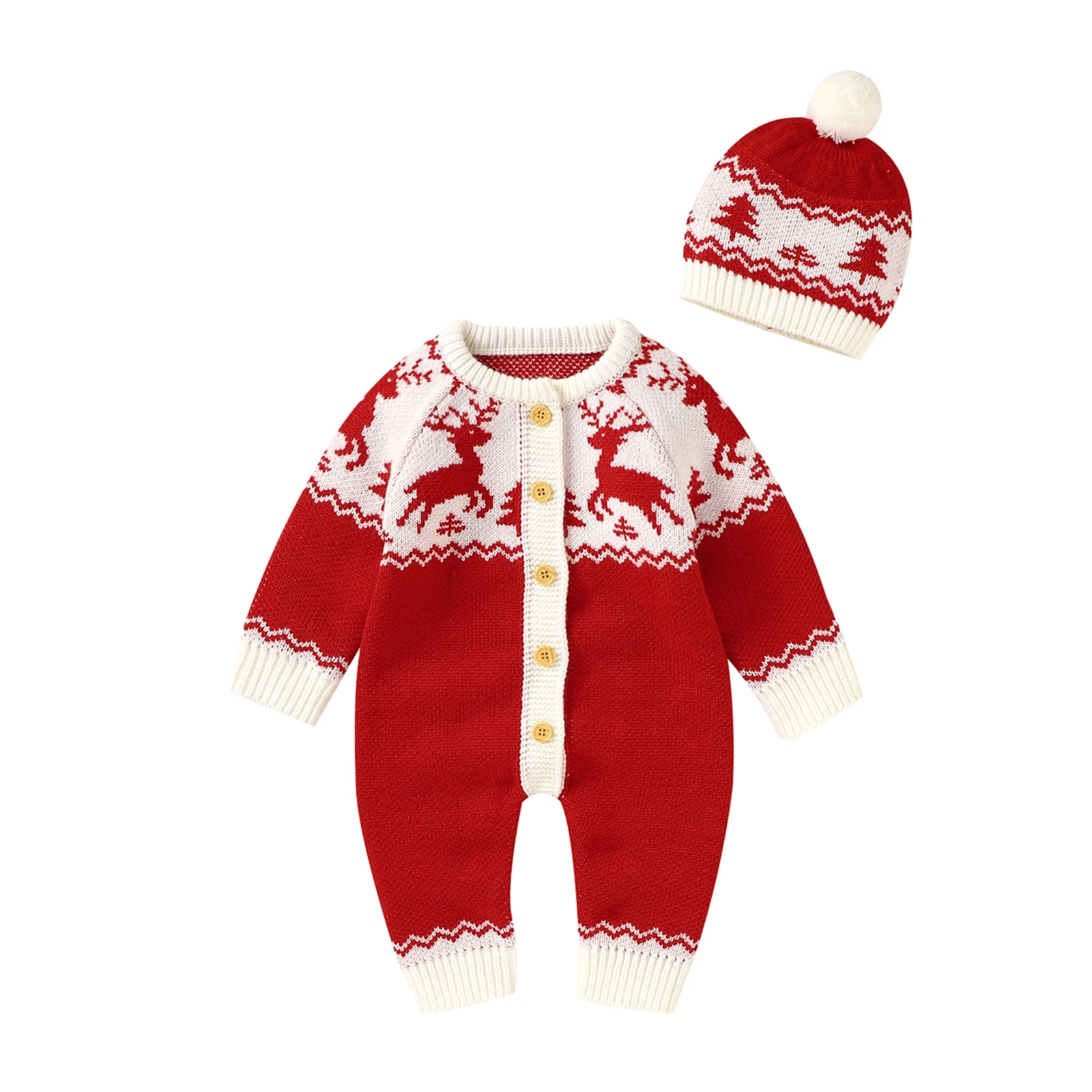 

My First Christmas Clothes Rompers Overalls Casual Long Sleeve Jumpsuit with Hat Cute Fawn Knitted Single-breasted Long Pants