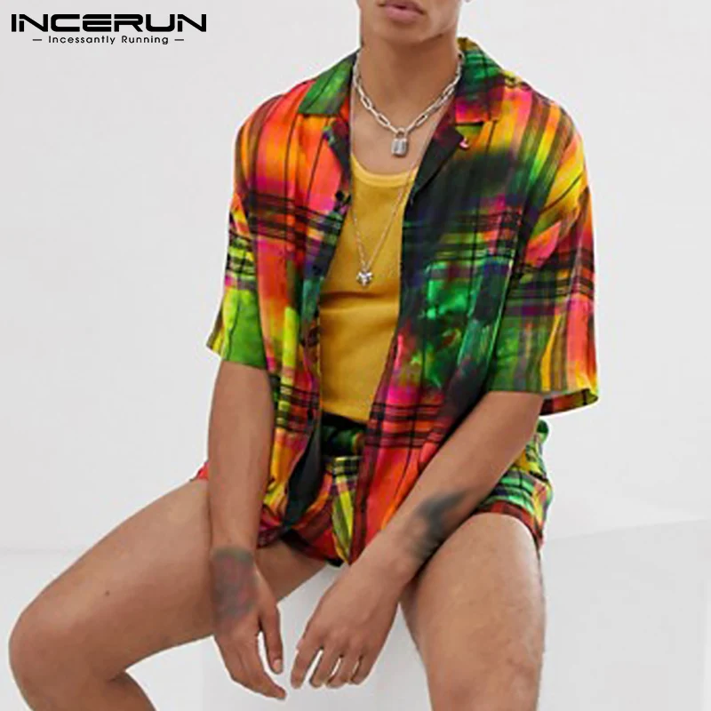 

2021 Men Hawaiian Sets Printed Vacation Lapel Short Sleeve Shirt Beach Shorts Streetwear Casual Men Suits 2 Pieces S-5XL INCERUN