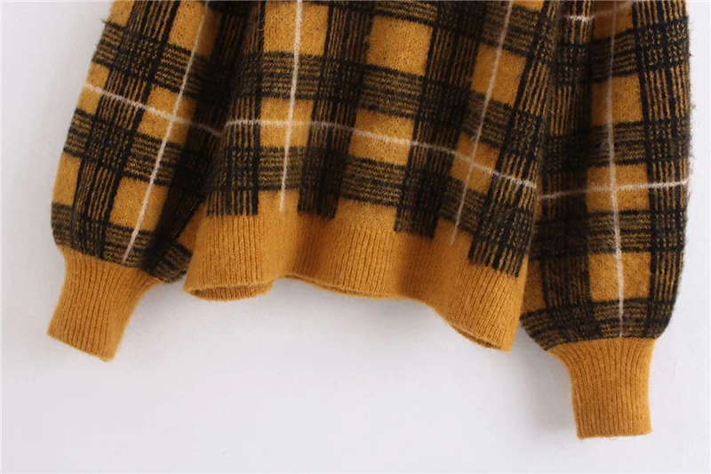 

ZXQJ Streetwear Women O-Neck Sweaters 2020 Fashion Ladies Plaid Knitted Tops Causal Female Chic Puff Sleeve Loose Pullovers