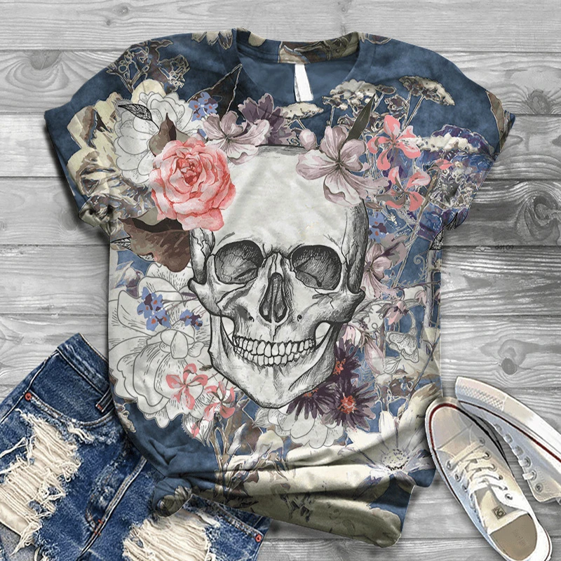 

Plus Size S-4XL T Shirt Digital 3D Skull Printed T-Shirt Women Tshirt O Neck Short Sleeve Graphic Shirt Women Harajuku Tops