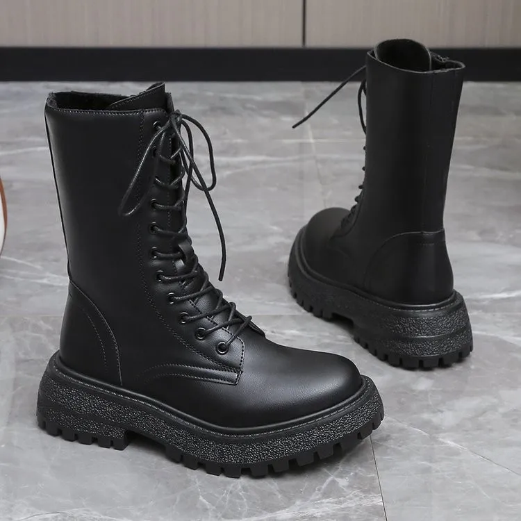 2022 winter new black thick-soled cloth mid-tube boots autumn British trend boots high-top Korean casual women's shoes boots