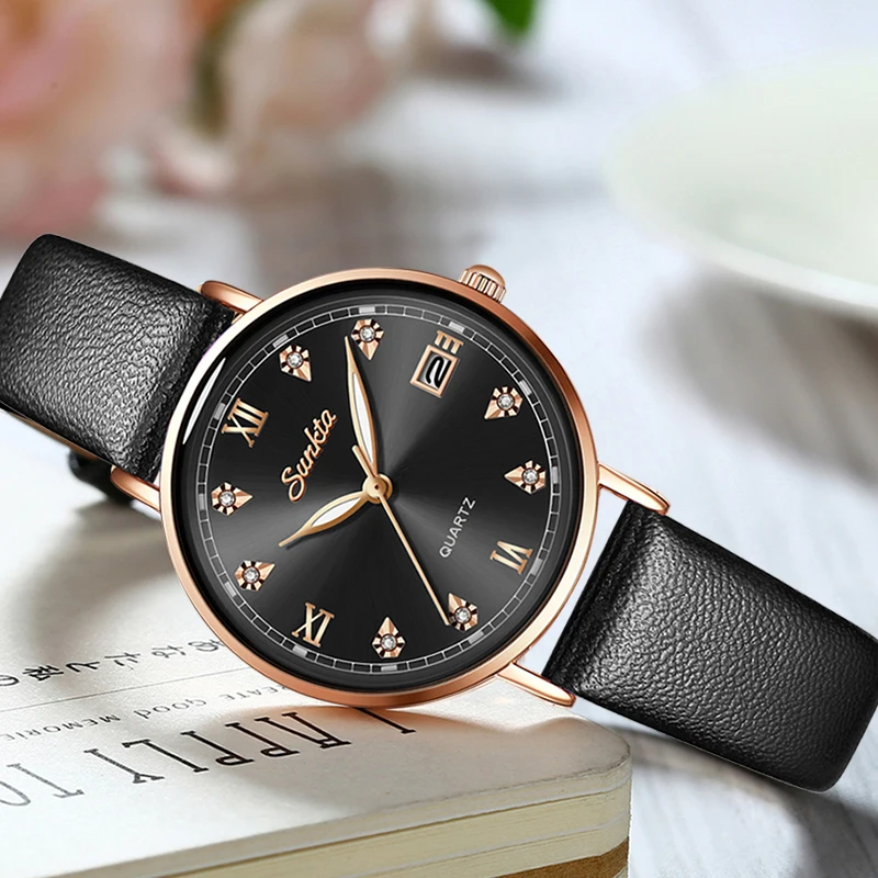 SUNKTA New Brand Women For Watches Women 2021 Black Leather Strap Reloj Mujer Luxury Quartz Ladies Watch Women Montre Femme enlarge