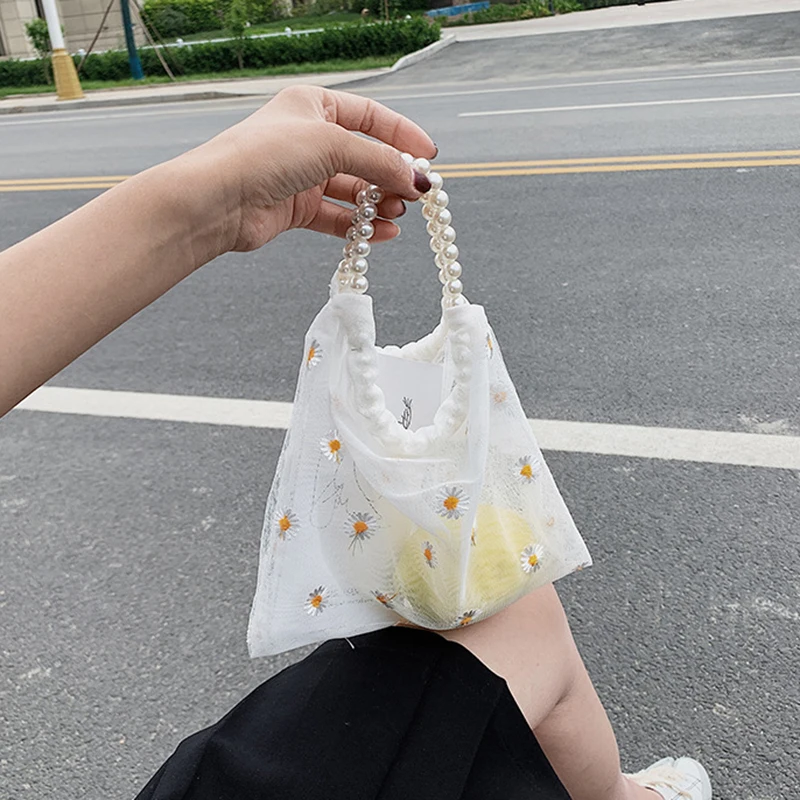 

Women Mesh Shoulder Bags Daisy Design Ladies Floral Handbag Casual Tote Literary Books Bag Shopping Bag For Girls Pearl Bag