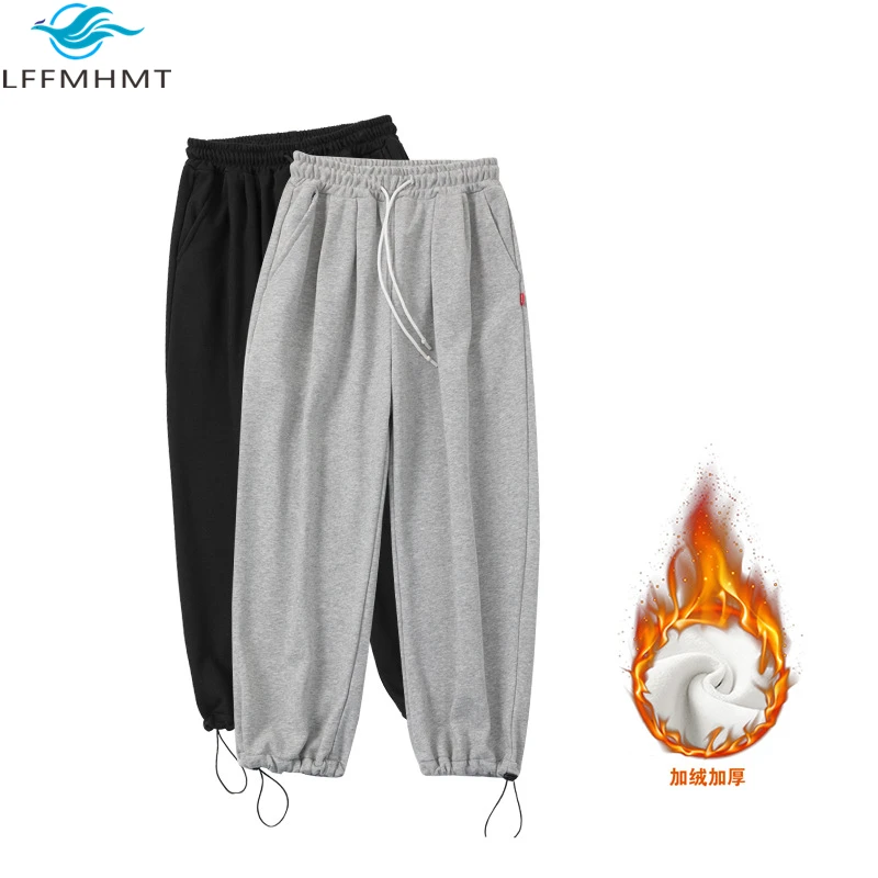 

New Autumn Winter Fashion Men Gray Thicken Loose Fit Straight Comfortable Drawstring Ins Sweatpants Casual Gym Jogger Pants