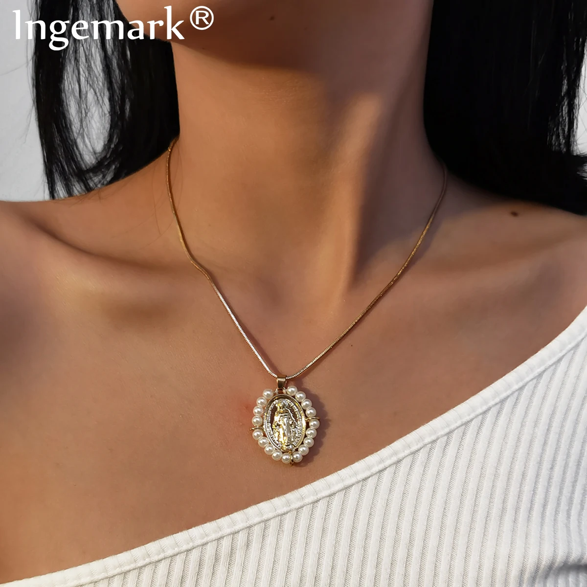 Ожерелье чокер Goth Virgin Mary Circle с имитацией жемчуга Angel Coin Snake длинное ожерелье