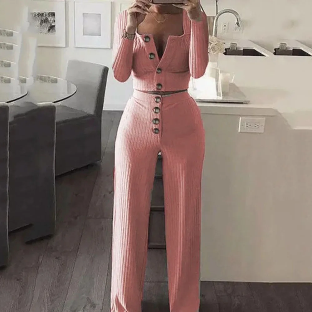 White Spring Women's 2 Piece Knitted Outfits Button Square Collar Long-Sleeve Crop Top Pants Two Set Women Party Clothes | Женская