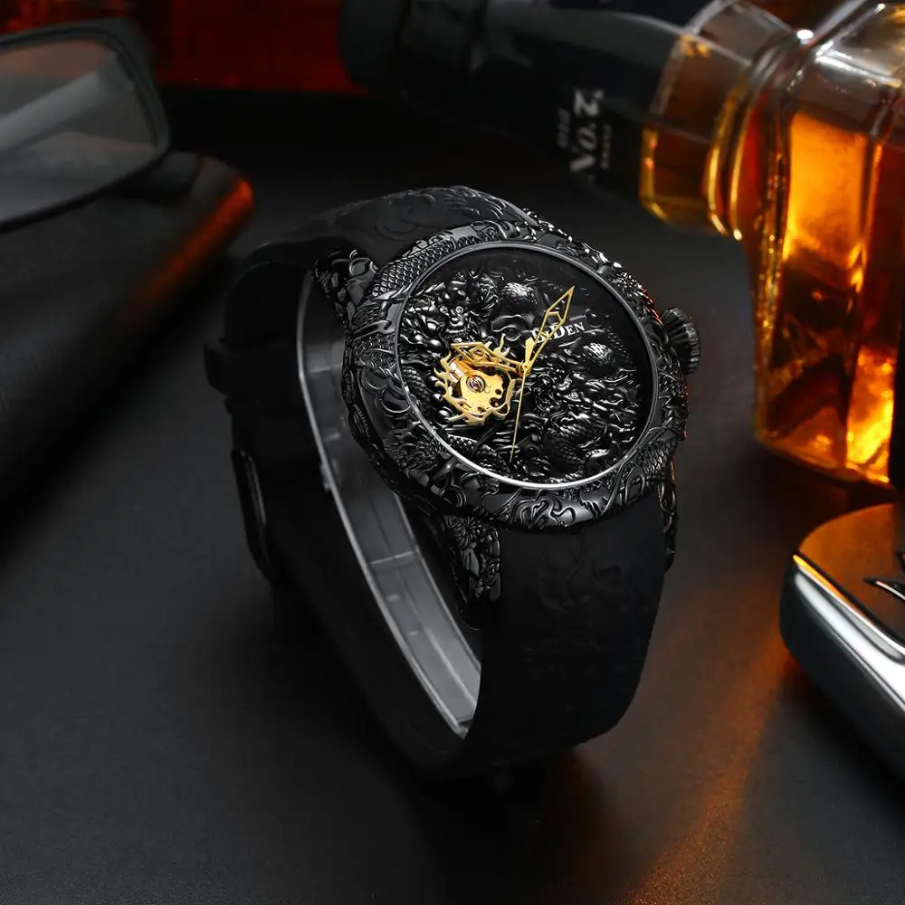 

BIDEN Men's Automatic Watch Fashion 3D Engraved Dragon Waterproof Large Dial Sports Watch