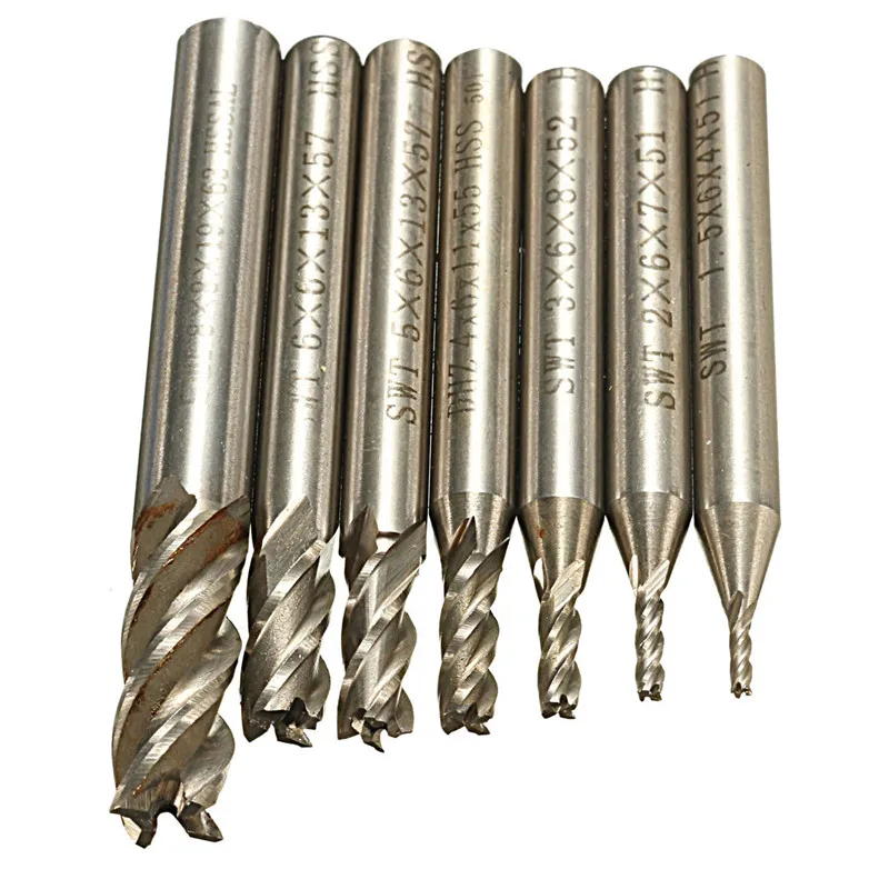 Набор фрезерных сверл с ЧПУ из высокоскоростной стали, четырехлопастные, диаметром 1,5 2 3 5 6 8 мм, 7 штук, набор инструментов для фрезеровки. Оптовая цена.