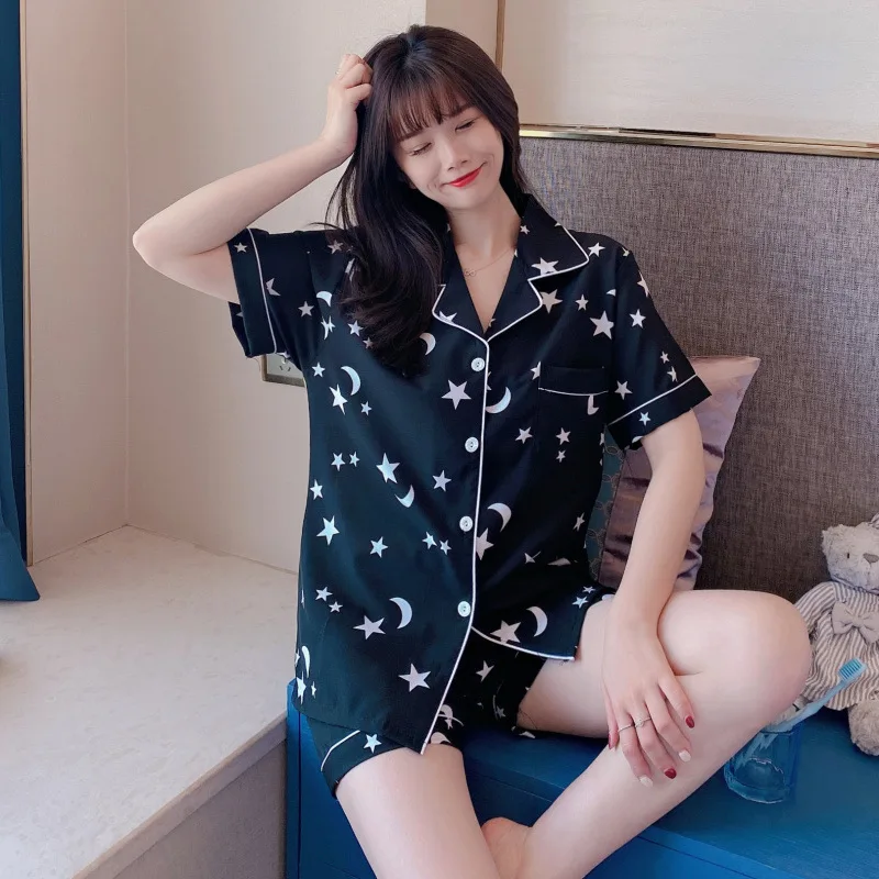 2021Summer New Women's Pajamas Ice Silk Short-sleeved Cute Thin Student Casual Home Wear Pijamas Women Sleepwear Sleep Tops