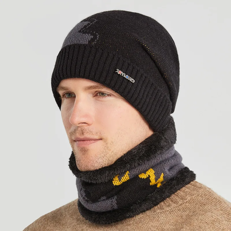 

2021 autumn and winter knit hat men's plus velvet warm hooded cap color matching wild woolen hat winter American