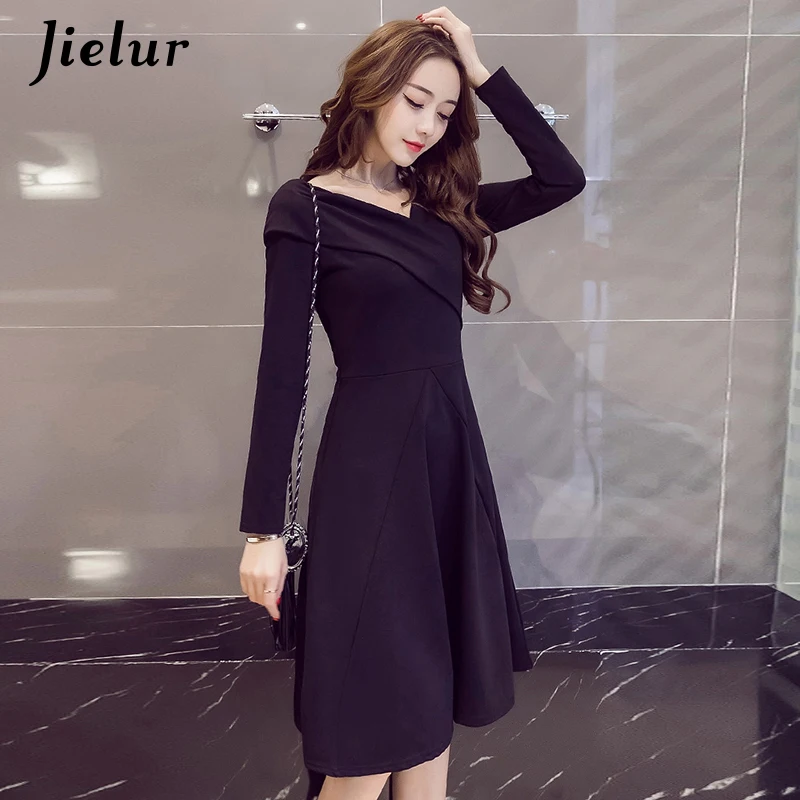 

Платье женское с открытыми плечами Jielur, однотонное, красное, черное, с длинным рукавом, для осени, S-XXL