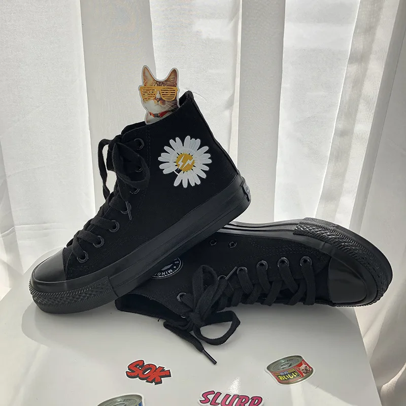 Женские холщовые кроссовки с молнией и маргариткой Повседневные высокие кеды