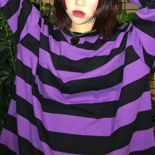 2019 Модные женские уличные полосатые футболки с круглым вырезом фиолетовые хит