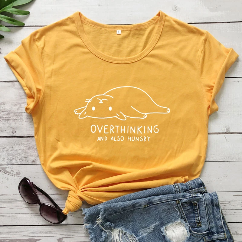 yellow-white text Overthinking и также голод принт с милой кошкой Футболка женская Tumblr с графикой для хипстеров повседневные футболки топы летние Harajuku Забавные футболки - Цвет: yellow-white text