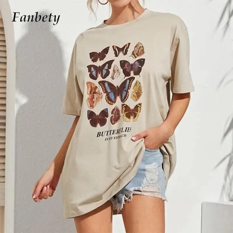 

Футболка женская с круглым вырезом, уличная Модная рубашка с принтом бабочки в стиле Харадзюку, топ с рукавами-шортами, повседневный Свобод...