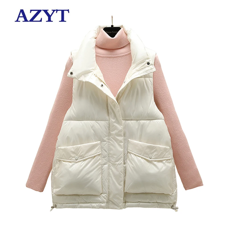 

AZYT 2021 Winter Warm Cotton Padded Women Vest Loose Pocket Thicken Waistcoat Female Jacket Windproof Winter Sleeveless Vest