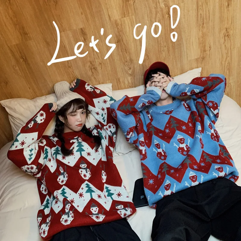 

Autumn Winter Christmas Couple Jacquard Snowman Christmas Tree Pullover Men And Women's Same Round Neck Long Sleeve Sweater Coat