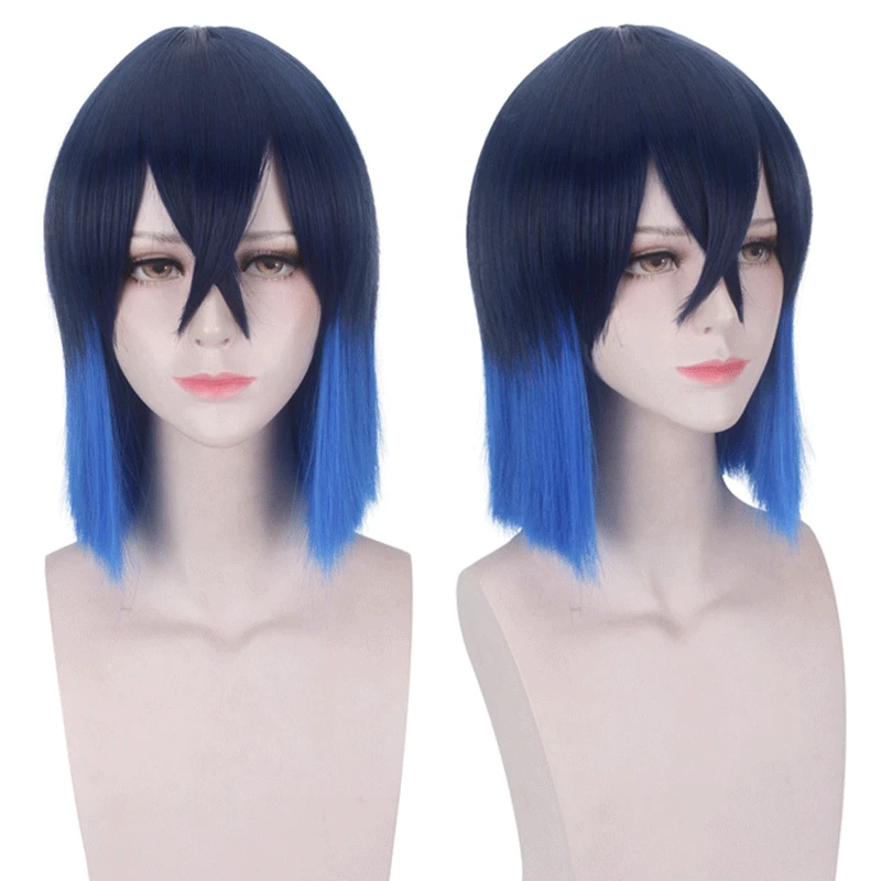 

`35CM Men's Short Hair Demon Slayer's Blade Mouthhira Inosuke Cyan gradient water blue Cosplay Synthetic High Temp Fiber Wig