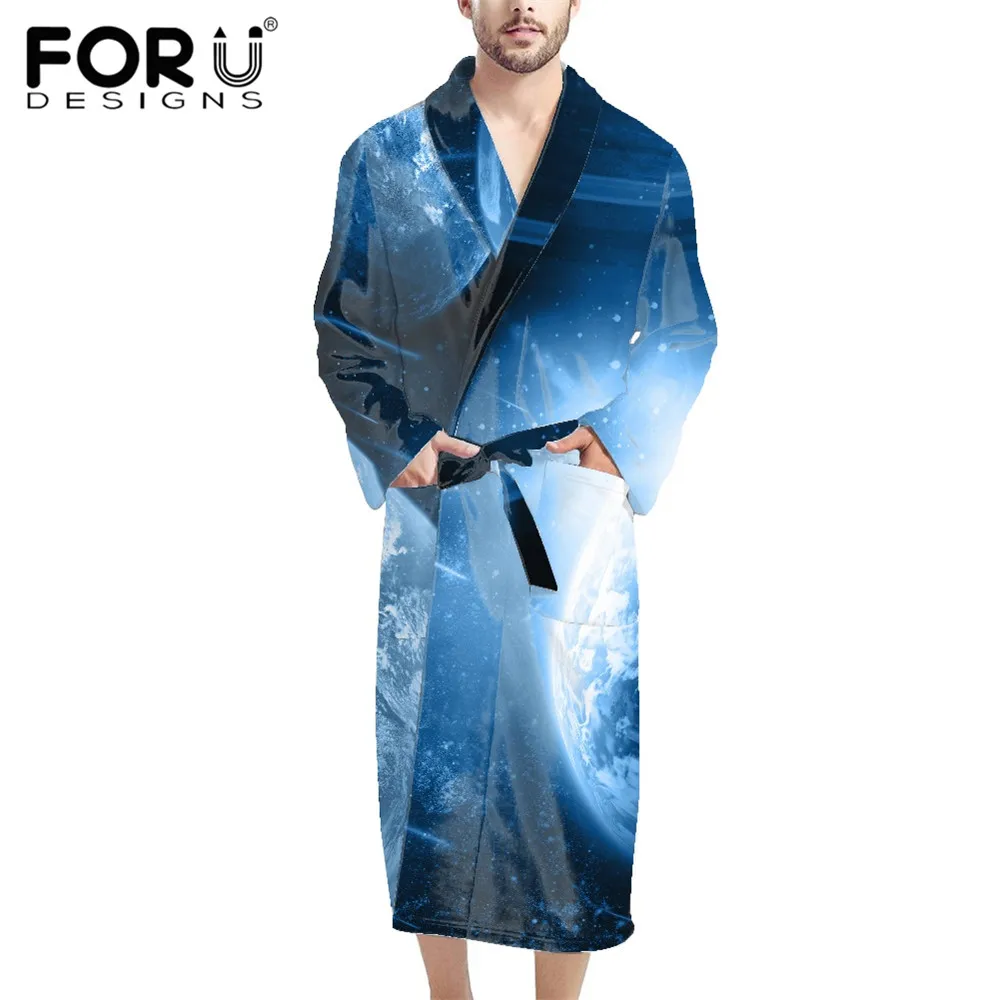 

FORUDESIGNS Universe Colorful Starry Sky Galaxy Men's Blue Bathrobe Fleece Plush Fluffy Housecoat Nightgown Comfortable Robe