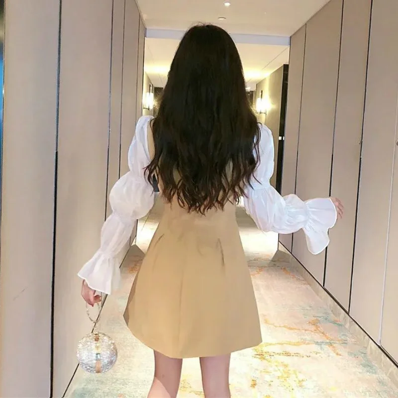 

Женское платье с длинным рукавом-фонариком, офисное повседневное элегантное двубортное платье в стиле пэчворк с отложным воротником в Коре...