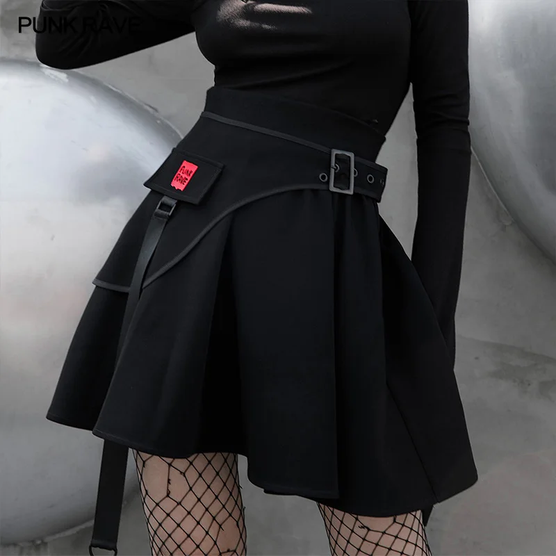 

PUNK RAVE Women's Punk National Series High Waist Pleated Skirt Logo Printed D-word Buckle Short Skirt Removable Waist Seal