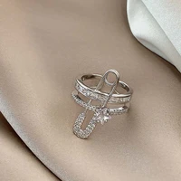 creative micro inlaid zircon safety pin ring double layer open finger ring jewelry for woman