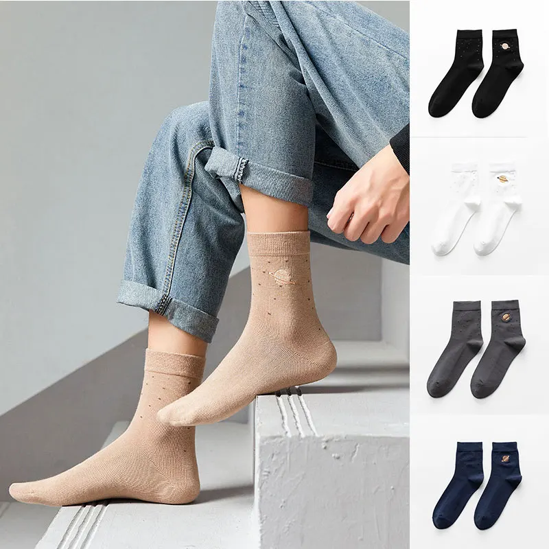 

Men's Cotton Socks Soft Breathable Business Men Socks Male Fashion Planet Embroidered Casual High Quality Solid Short Socks