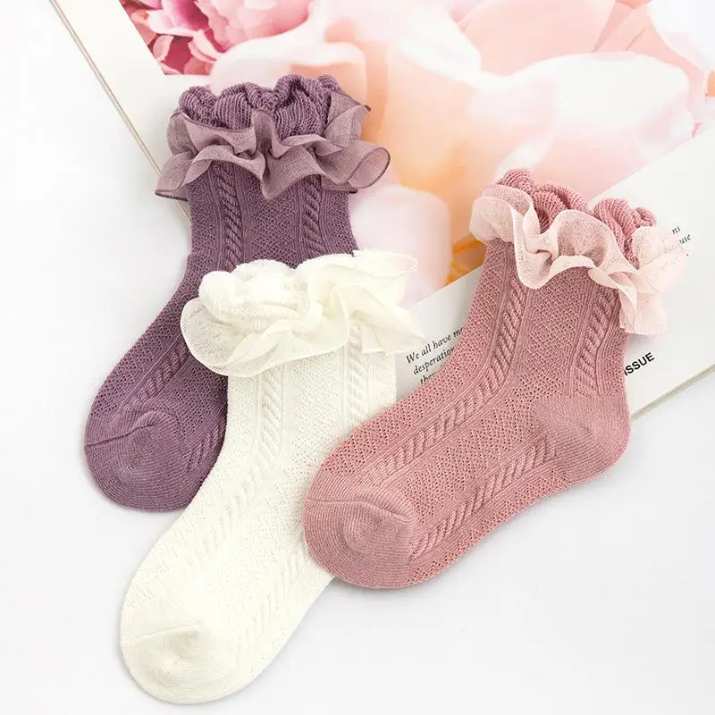 

3 пары, детские кружевные носки с манжетами и оборками