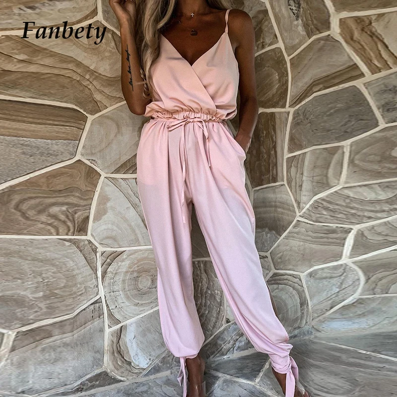 

Summer Sexy Sling V-Neck Backless Playsuit Office Lady Elegant Solid Lace-Up Overalls Romper Casual Loose Women Jumpsuits 2XL