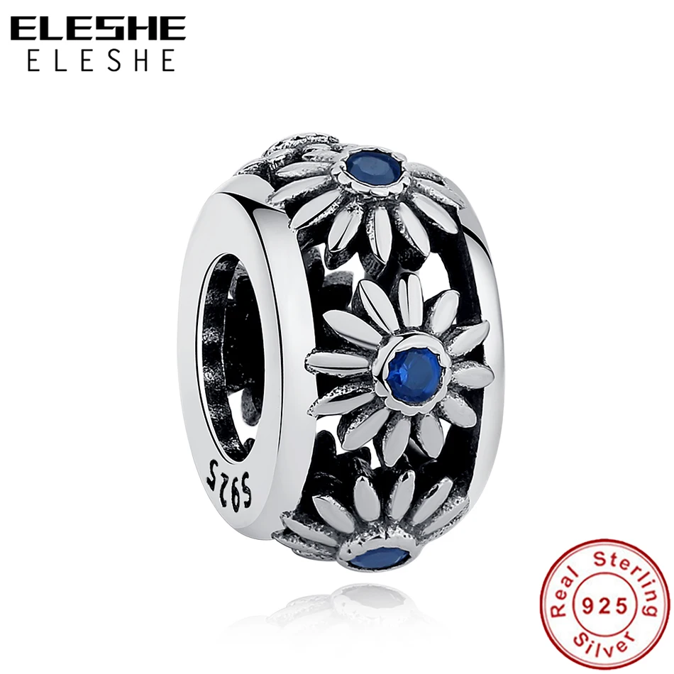 В европейском стиле Дейзи цветок бусины синий CZ из стерлингового серебра 925