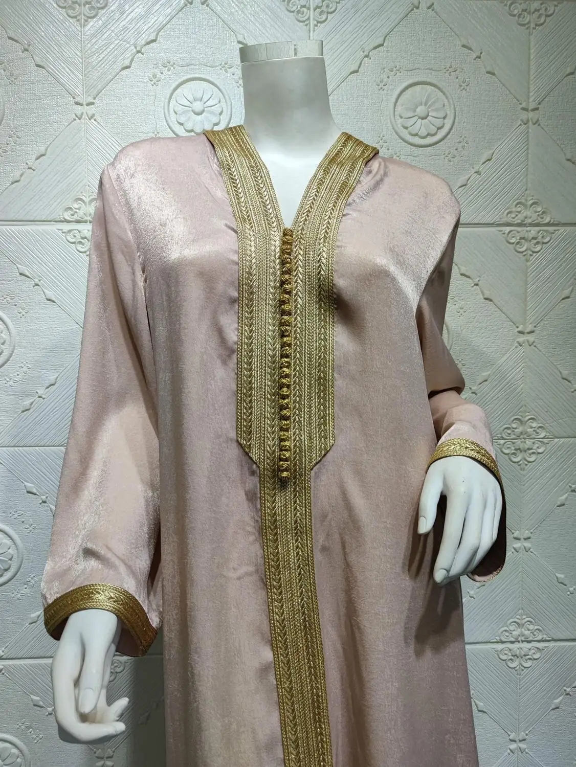 Muslim Abaya Arabic Dresses Embroidery Hijab Fall Golden Ribbon African Dashiki V Neck Long Sleeve Maxi Dress Turkish Clothing | Женская