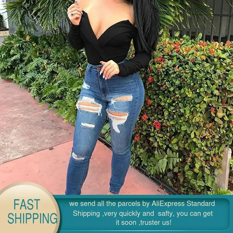 2020 весенние рваные джинсы с высокой талией для женщин эластичные узкие джинсовые