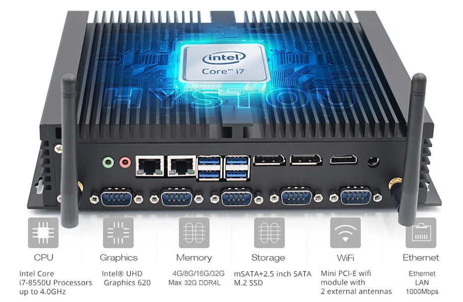 Четырехъядерный промышленный компьютер core i7 8550U безвентиляторный ПК сервер i5 8250U linux Настольный RS232/485 COM HDMI 2,0 DP EDP wifi Настольный