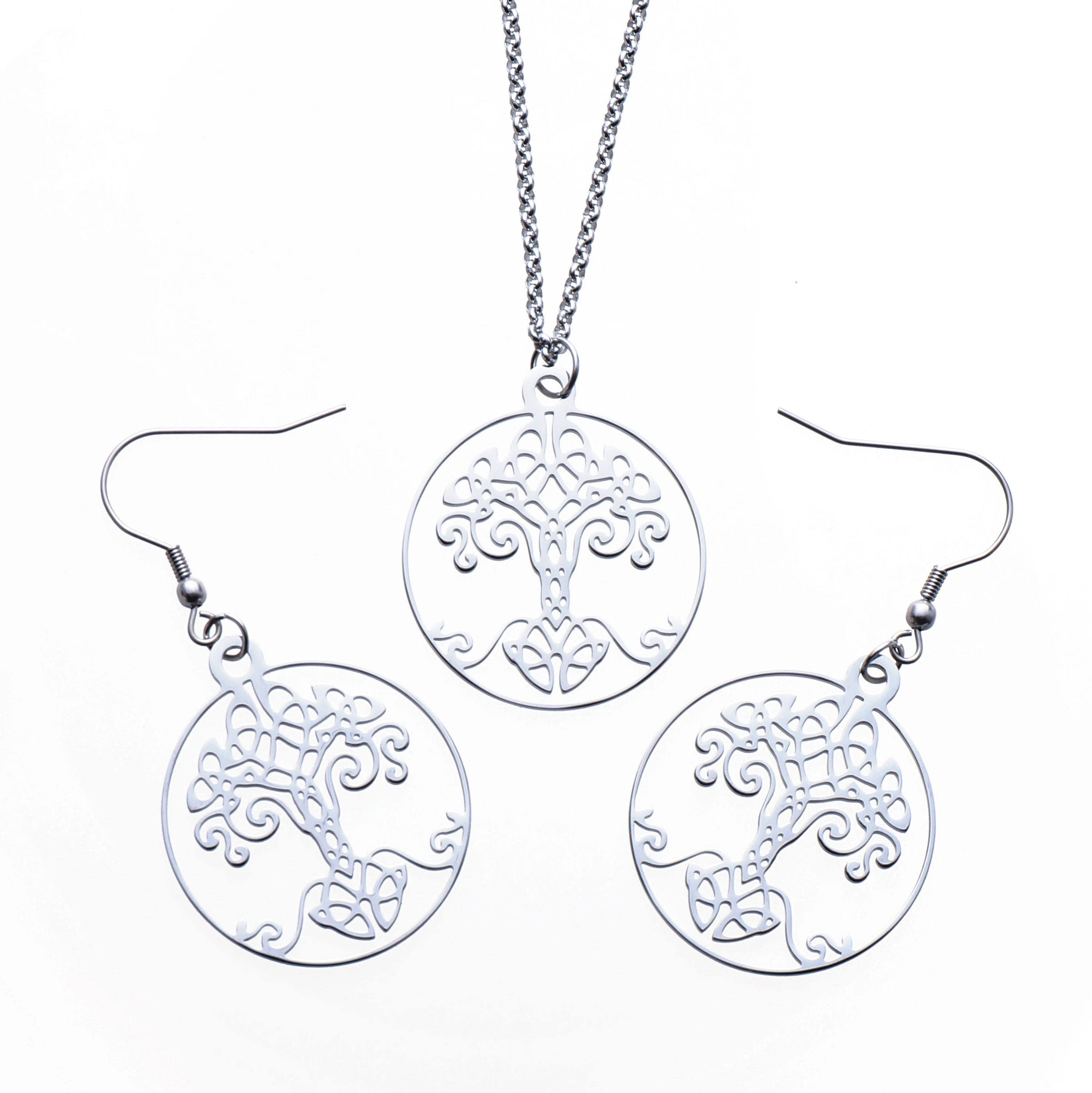 

Personality Stainless Steel Vintage Viking Tree of Life Women's Earrings Round Drop Hanging Pedant Fashion Jewelry Sets YP8644