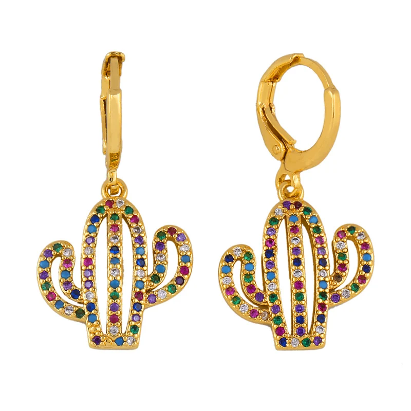 Красочные циркониевые серьги в виде кактуса для женщин золотые корейские