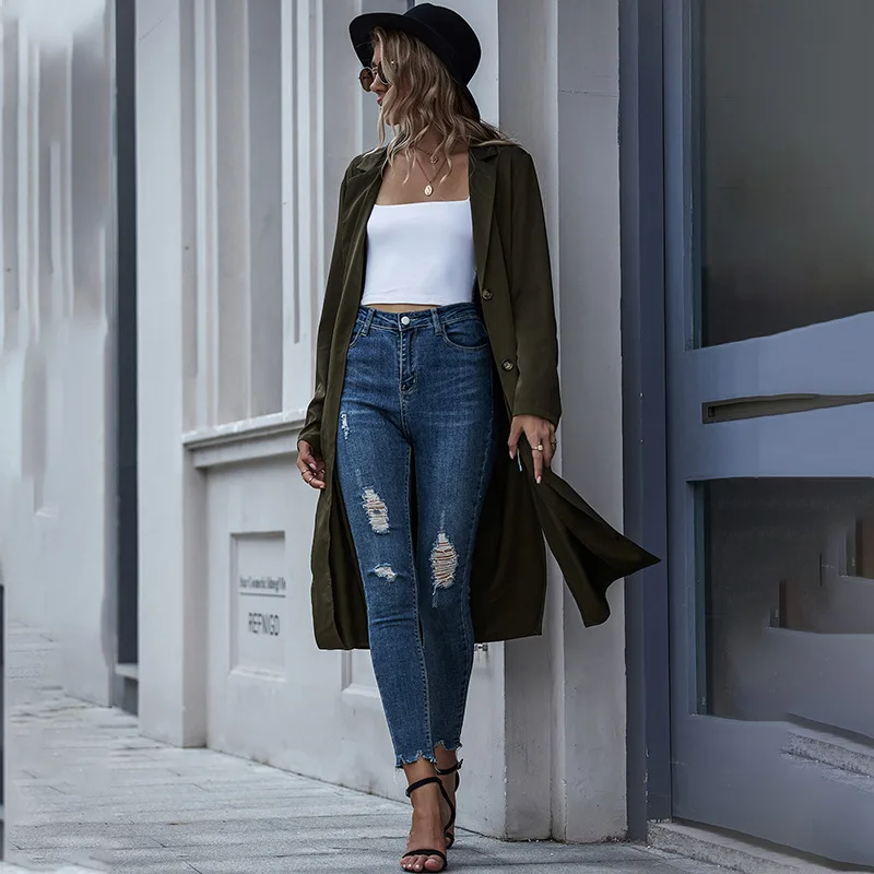 Женский однобортный Тренч с отложным воротником Длинная Верхняя одежда