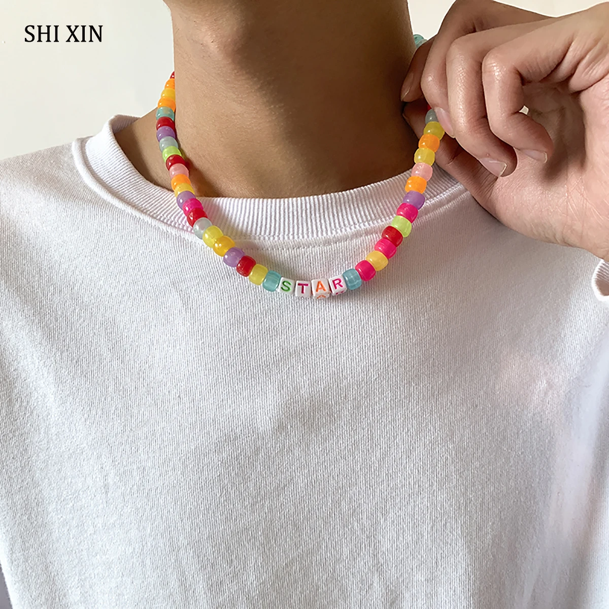 

SHIXIN Bohemia Colorful Candy Beads Choker Necklace Men/Women Fashion Summer Rainbow Necklace 2021 Couples Jewelry on Neck Gifts