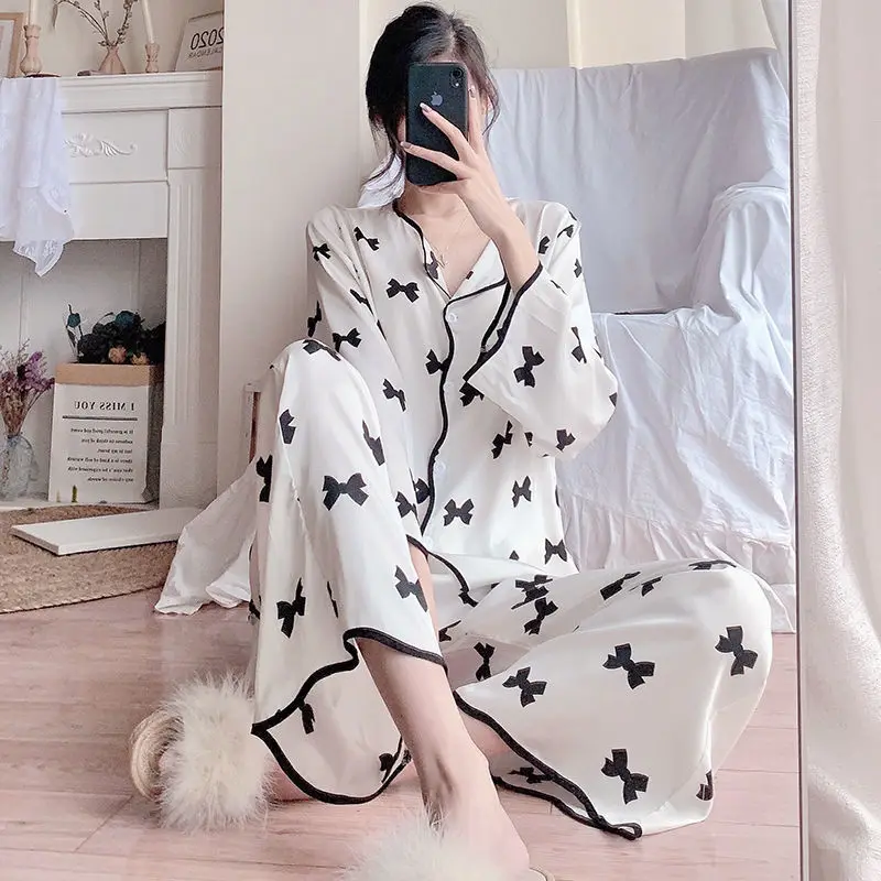 

Print Bow Pajamas Suit For Women 2PCS Pj's Sets Sexy Sleepwear With Trousers Summer Satin Nightwear Casual Lingerie Lounge Wear